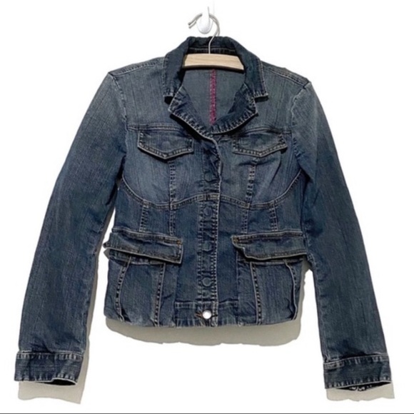Express Jackets & Blazers - Express cropped denim jacket with pink accents and snap buttons